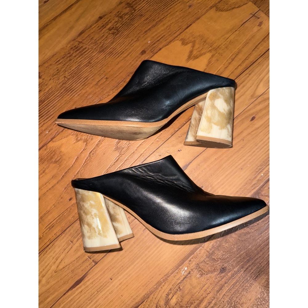 Gianni Bini Black Leather Pointed Toe Mules Marbled Block Heel Womens 8M